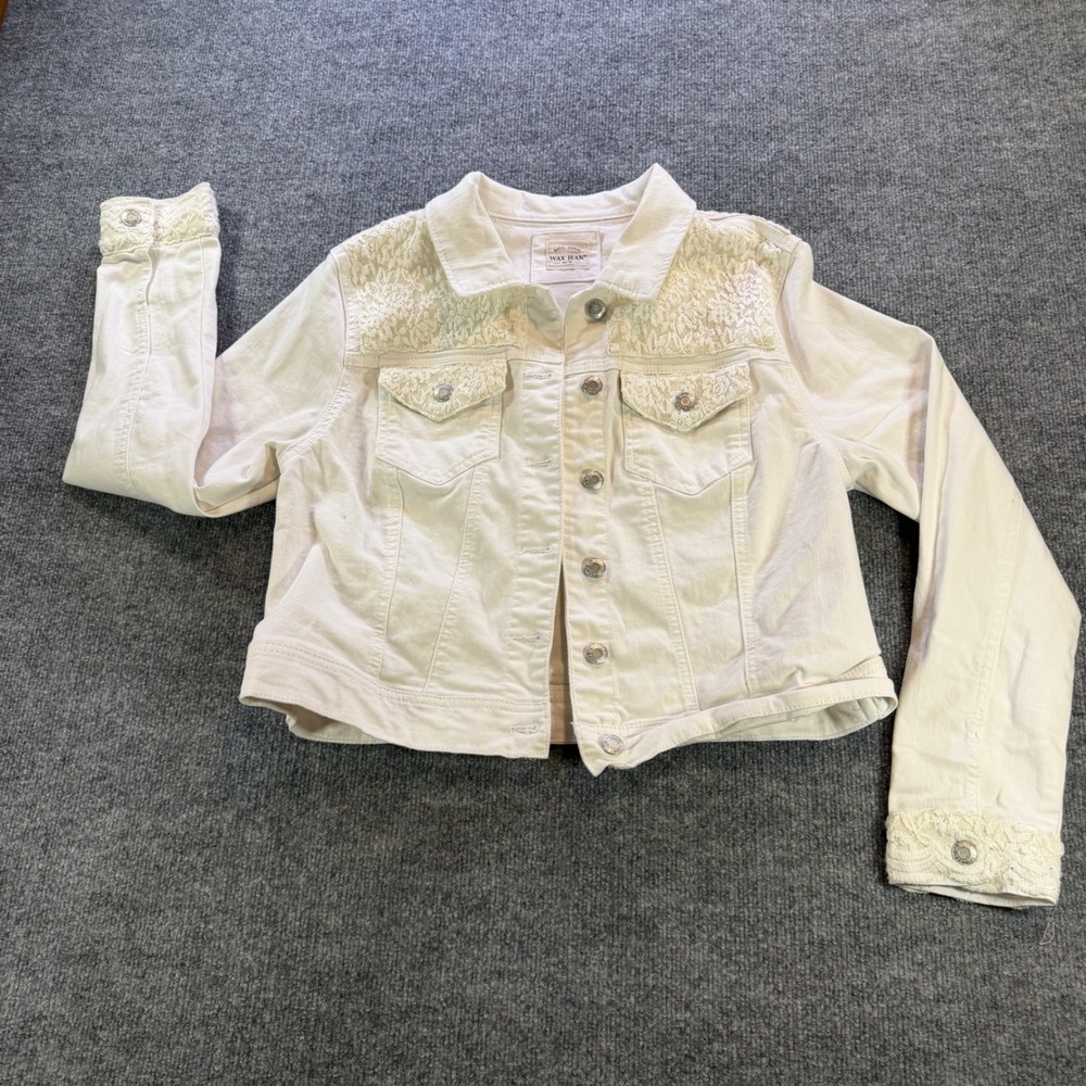 Wax Jean White Denim Lace Trim Cropped Trucker Jacket Style 90017XL Womens XL